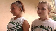ball licking video: Cheerleader in panties licking balls in ffm porn shoot