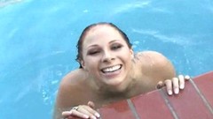 pool video: Big tittied girl swims in a pool and gets pounded on a sofa