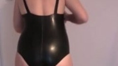shiny video: Black latex swimsuit