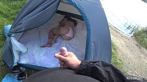 tent video: The camping lover forgot to close the tent and in the morning a dick in her pussy was waiting for her