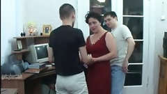 russian hot mom video: A fun night is three guys fucking a MILF on her floor