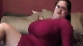 bbw video: Busty curly brunette with big boobs fucks on couch