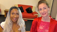 english video: Nervous mid 40s woman‘s first bukkake with younger black lady