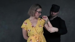 pain video: Brutal and painful boob torture for slutty Red August with glasses