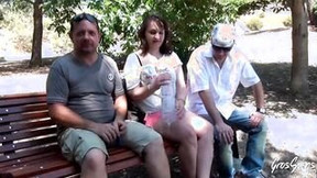 french in public video: Pregnant dark haired Cyrille takes 2 dicks inside the woods