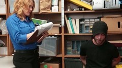 police woman video: Sexy policewoman Krissy Lynn punish one shoplifting dude in the back room