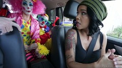 clown video: Three crazy clowns fuck sex-appeal tattooed hottie Dana Vespoli