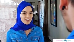 arab brunette video: Arab babe doesn't take off her head scarf even while getting fucked by two guys