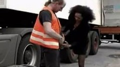 truck video: Black hooker riding on mature truck driver outside