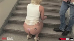 pissed on video: Cute blonde haired has her body covered in piss by multiple men