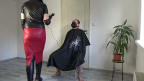 hairdresser video: Leather hairdresser, part: "Shaving sissy's head