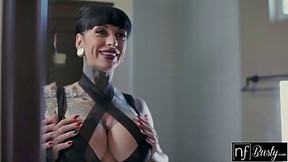busty video: Tattooed brunette with big, firm tits, Jessie Lee is having hardcore sex in the late afternoon