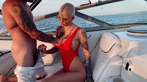 yacht video: Tattooed Bald girl with perfect Boobs enjoys Outdoor Sex on the Yacht