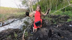 mud video: Spoiled arrogant brunette gets caught in the woods and falls into the mud