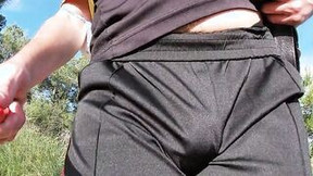 bulge video: Flashing my bouncing bulge inside Hot shiny Adidas sweatpants