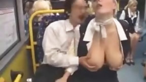 japanese cosplay video: Busty Blonde Flight Attendant Jerks Off Japanese Guy Dude in Bus - Public Groping