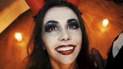 halloween video: Horny Devil fucked Skeleton. Halloween with Mia Bandini