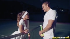 tennis video: Horny hottie Megan Rain gets it good from a hung tennis pro