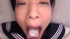 japanese school uniform video: Japanese Schoolgirl Abe Mikako blowing and taking a jizz in her mouth