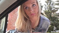 hood video: Blue eyed beauty on the hood of his car taking dick