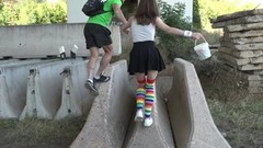 miniskirt video: Teen Russian babe in knee long socks Nata Ocean doggy fucked outdoors
