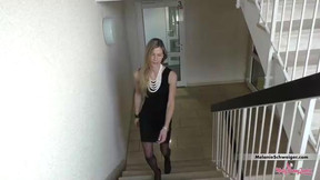 dress video: Slim blonde in a sexy, black dress is often getting fucked to earn some money