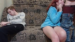 couch video: Red haired girl is moaning from pleasure while getting fucked from the back, on the couch