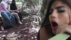 arab interracial sex video: Amazing threesome in military jungle camp