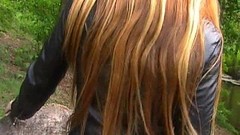 leather pants video: Blonde in leather pants and leather jacket masturbating outdoors