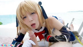 asian cosplay video: Blue eyed Mari Hirose pounces on a huge dong in POV