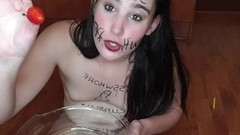 food video: Dirty talking piss whore eats piss covered fruit  degrading body writing