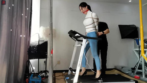 asian bdsm video: Bound and gagged Asian babe walks on treadmill in high heels