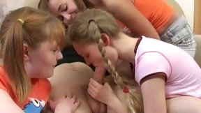 pigtail video: Three naughty pigtailed chicks lure dude to suck his delicious lollicock