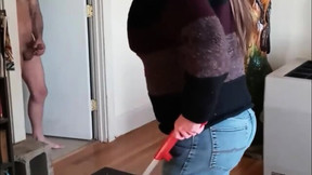dick flash video: Flashing cock to bbw milf cleaning lady, cfnm jerking