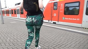 german handjob video: Public handjob in express, cum in palm!