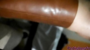 leather video: Bootjob with brown leather boots cockcrush & milking with lengthy nails, cfnm & cum explosion