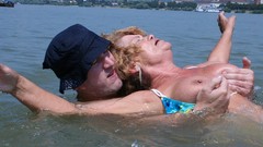 perverted video: Granny and her pervert life-saver fucking by the lake