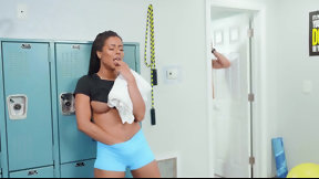 locker room video: Dazzling ebony creamed on cunt after restless shower sex