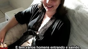 brazilian in homemade video: My wife receives the delivery guy on street dressed in a open robe
