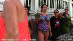 body painting video: Nude girls with sexy body paint out in public on the streets