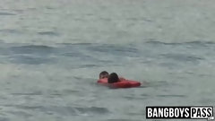 jock video: Lifeguard bangs cute jock after saving him nude on beach