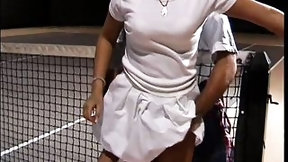 coach video: Young cute brunette with dreadlocks takes some lessons of tennis with lusty coach