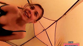 tent video: Cute chick is riding her boyfriend's dick in a tent