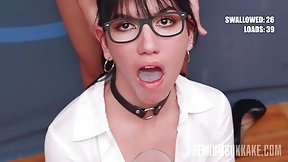 oral creampie video: Yenifer Chacon is wearing glasses while getting cum in mouth from many men in a row
