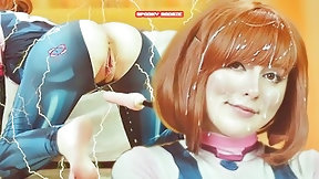 cosplay video: My Hero Academia: Uravity tries don't cum while sex machine fucks her pussy and ass - Spooky Boogie