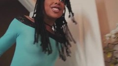 ebony beauty video: Flat chested ebony babe Kira Noir bounces on a fat dong