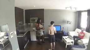 husband video: Young guy is fucking a busty, fat Latin woman while her husband is in the living room
