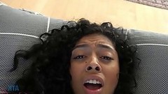 black video: Small titted ebony babe is giving a sensual footjob to a horny man from the neighborhood