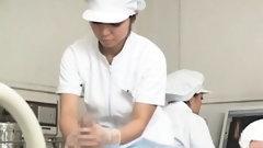 japanese nurse video: Sweet asian nurses giving handjob in group for cum sample