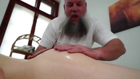 beard video: Old masseur with shaggy beard licks and fucks client's pussy